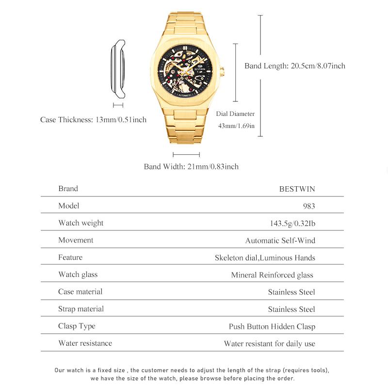 Automatic Mechanical Watches for Men Skeleton Hollow Dial Luminous Wrist Watch Steel Strap Square Case Watch Waterproof