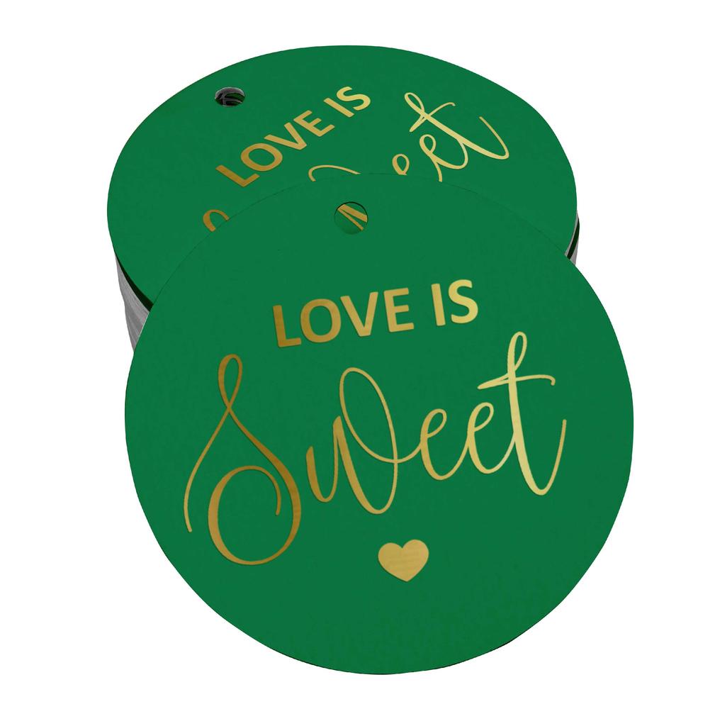 Inkdotpot 100 - Confezione da 100 etichette in carta stagnola color oro vero Love Is Sweet bomboniera da appendere