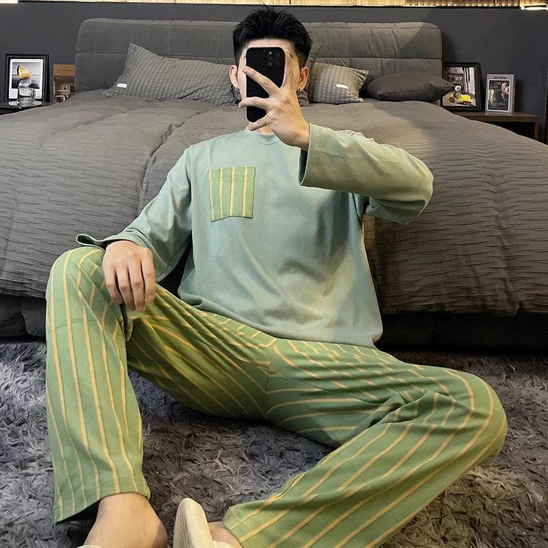 Baumwolle Herren Pullover Nachtwäsche Herbst Frühling Langarm Nachtwäsche 2 Stück Pyjamas Set Männlich
