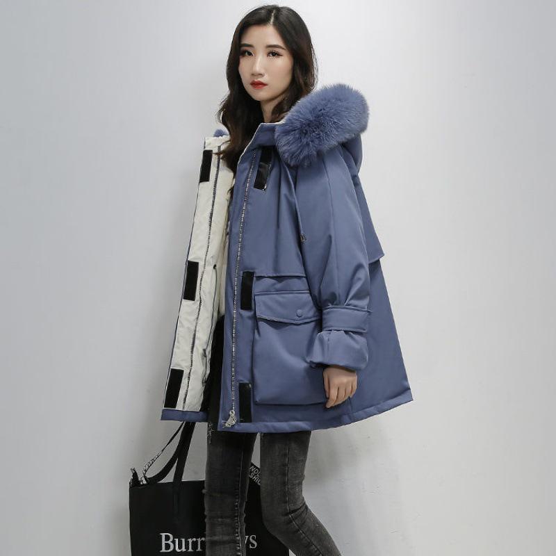 Korean Style Women's Mid-Length Cotton-Padded Parka with Big Fur Collar