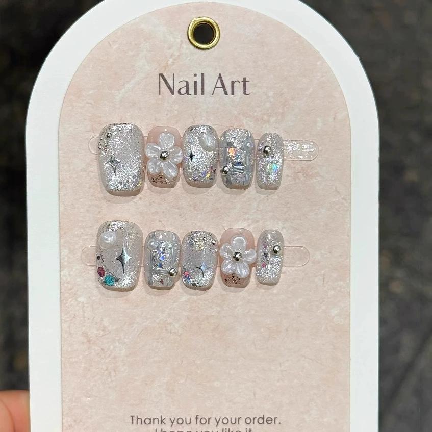 10Pcs French Handmade White Flower Press On Nails Full Cover Fake Nail Tips Stick On False Nails