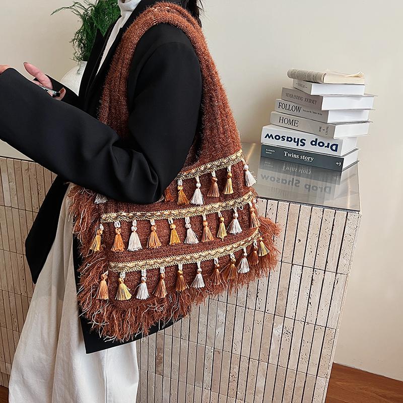 Knit Tassels Hobo Bags Bohemian Underarm Bag Ethnic Style Tote Bags for Women Work Shopping Travel Daily