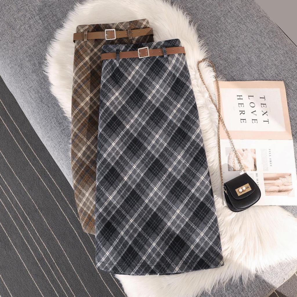 Non-Itchy Vintage Plaid Wool Blend Midi Skirt - Women's High Waist Slimming A-Line with Slit