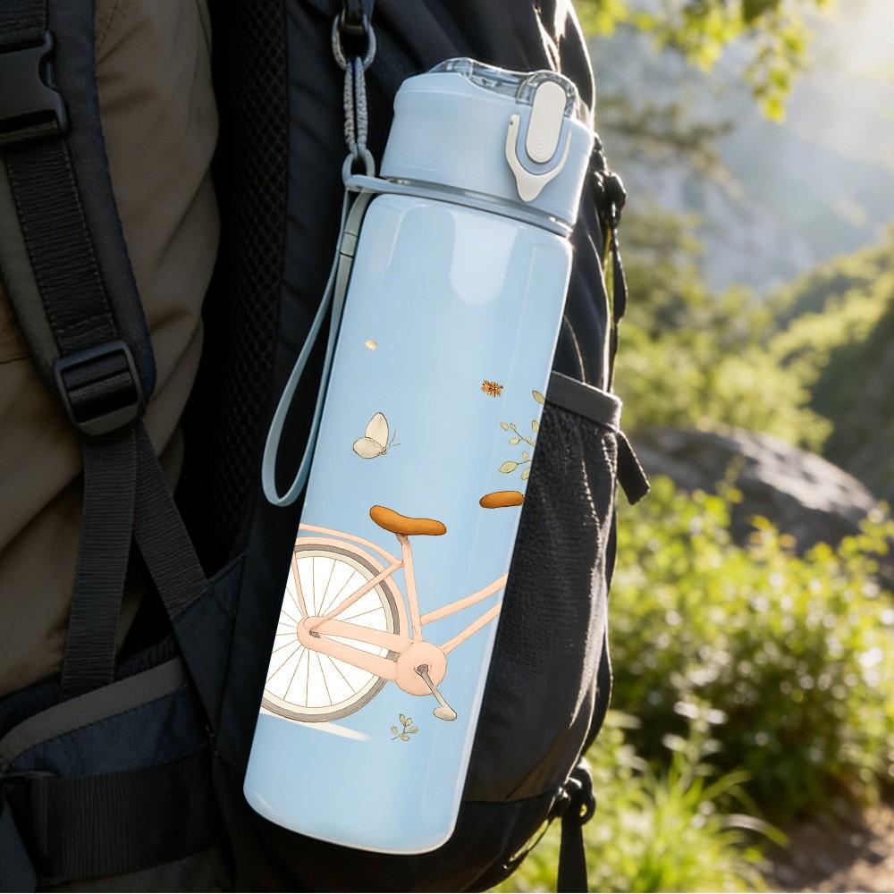 1PC Bicycle Wild Flower Art 750ml Color Plastic Sports Water Bottle Leakproof Flip Straw Lid Suitable for Sports Office Home Use