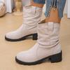 Lucyever Pleated Design Slip On Ankle Boots Woman 2024 Vinatge Flock Thick Heels Cowboy Boots Woman Plus Size Short Botas Mujer