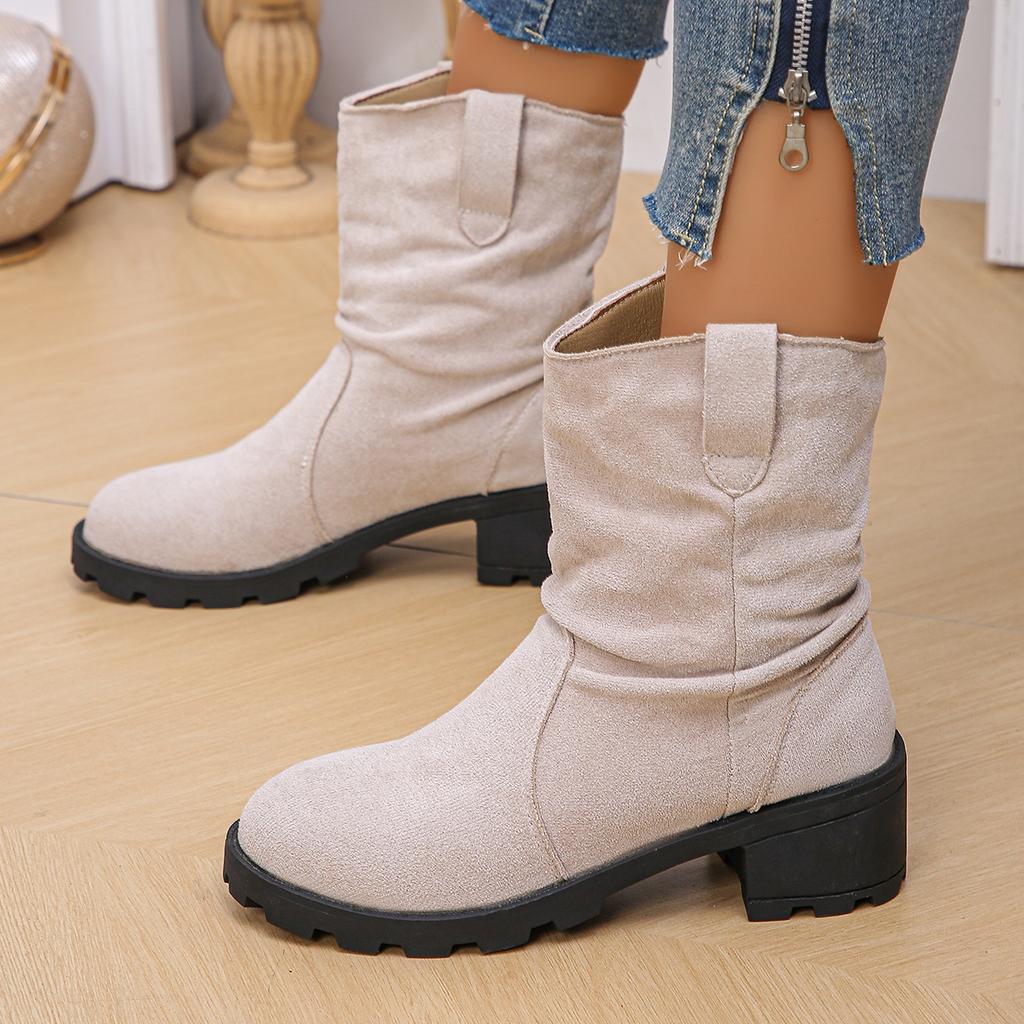 Lucyever Pleated Design Slip On Ankle Boots Woman 2024 Vinatge Flock Thick Heels Cowboy Boots Woman Plus Size Short Botas Mujer