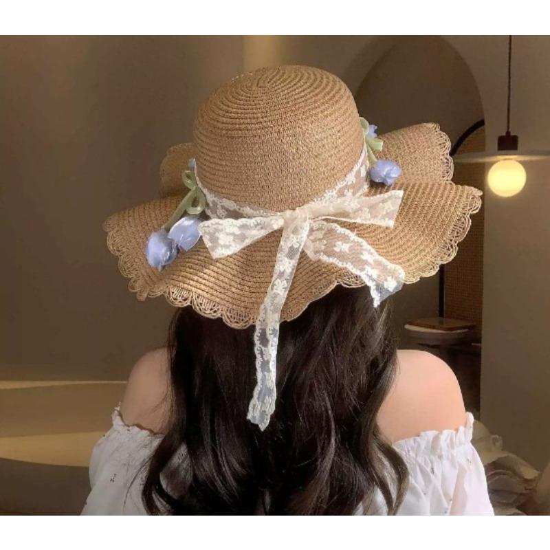 Big Brim Sun Hat Seaside Beach Idyllic Forest Bow Streamer Straw Hat Female Summer Flower Tulip