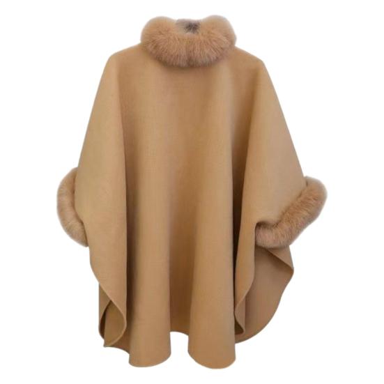 Lady Winter Cape Coat Dolman Sleeves Thick Shawl Loose Stand Collar Solid Color Faux Fur Decor Warm Daily Wear Work Outdoor Poncho