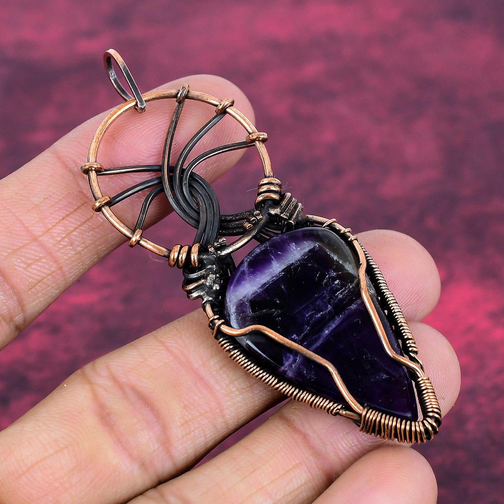 Chevron Amethyst Gemstone Pendant Handmade Pendant Copper Wire Wrapped Jewelry