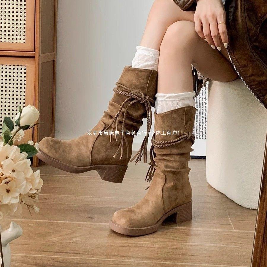 Retro wasteland wind fringed knight boots women's 2025 autumn and winter new thick heel pile boots inner height increase and thin medium boots