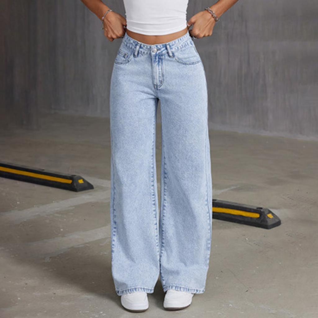 Jeans med hög midja och vida ben för kvinnor Lös passform Raka ben Denimpants Casual Vardagskläder