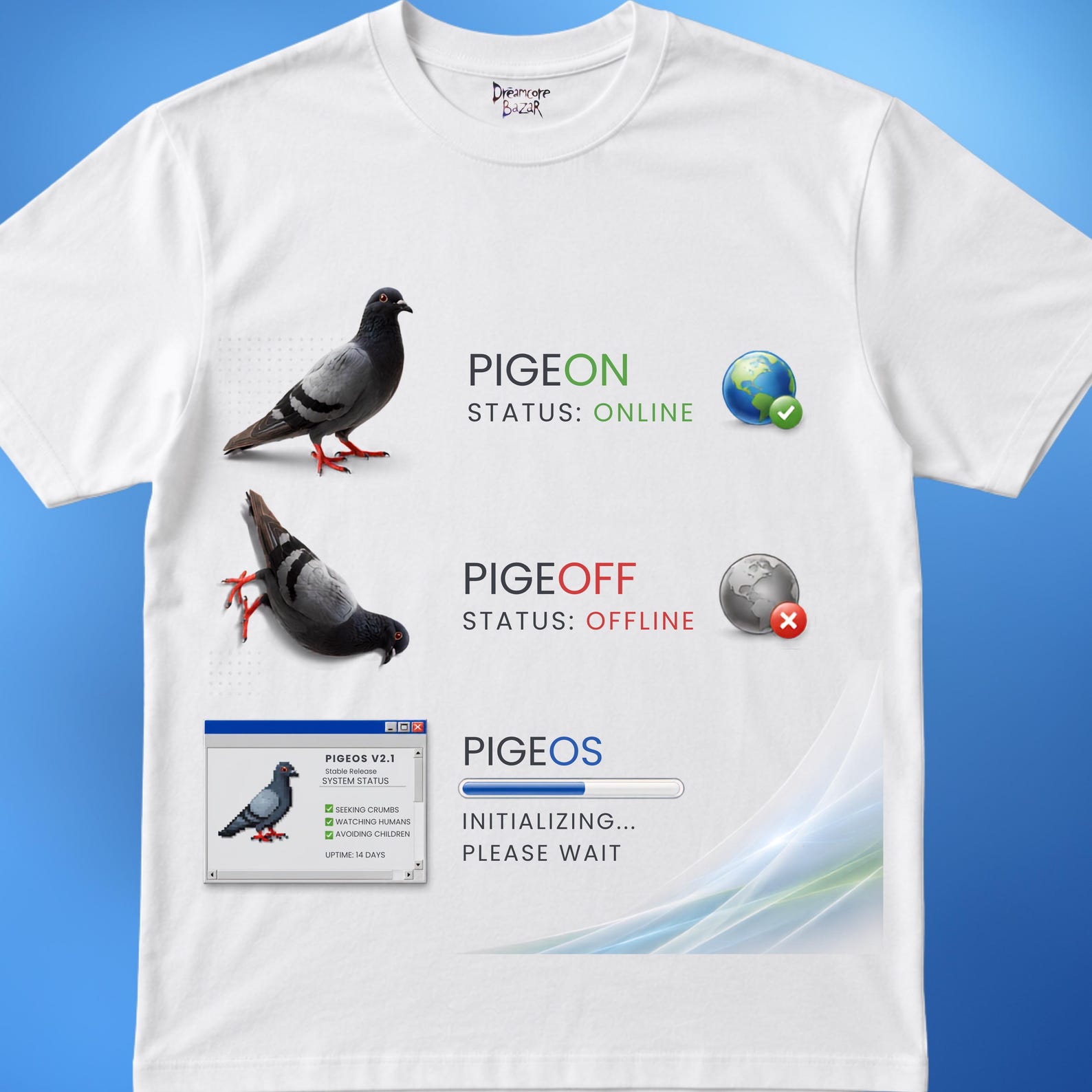 PigeOS Shirt, Funny Pigeon Shirt, Retro Computer Tee, Windows XP Inspired Bird Meme Shirt, Internet Humor Graphic T Shirt L