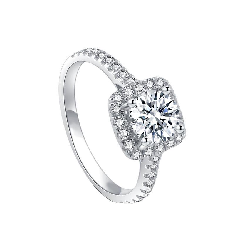 PT950 Platinum-Plated Square Cut Moissanite Proposal Ring with Eight Hearts and Arrows CZ, Open Design for Women
