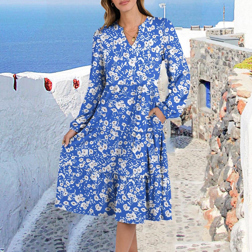Women's V-Neck Flowing Layered Bohemian Long Sleeve Floral Print Dress