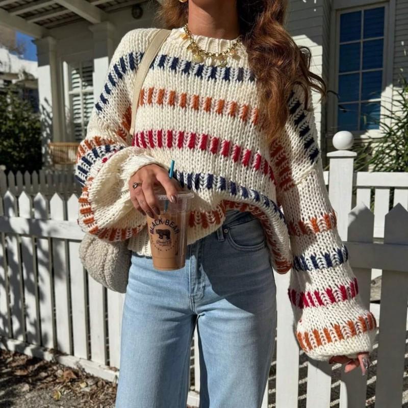 Womens Round Neck Color Block Knit Sweater Soft Comfortable Daily Commute Fashion Top