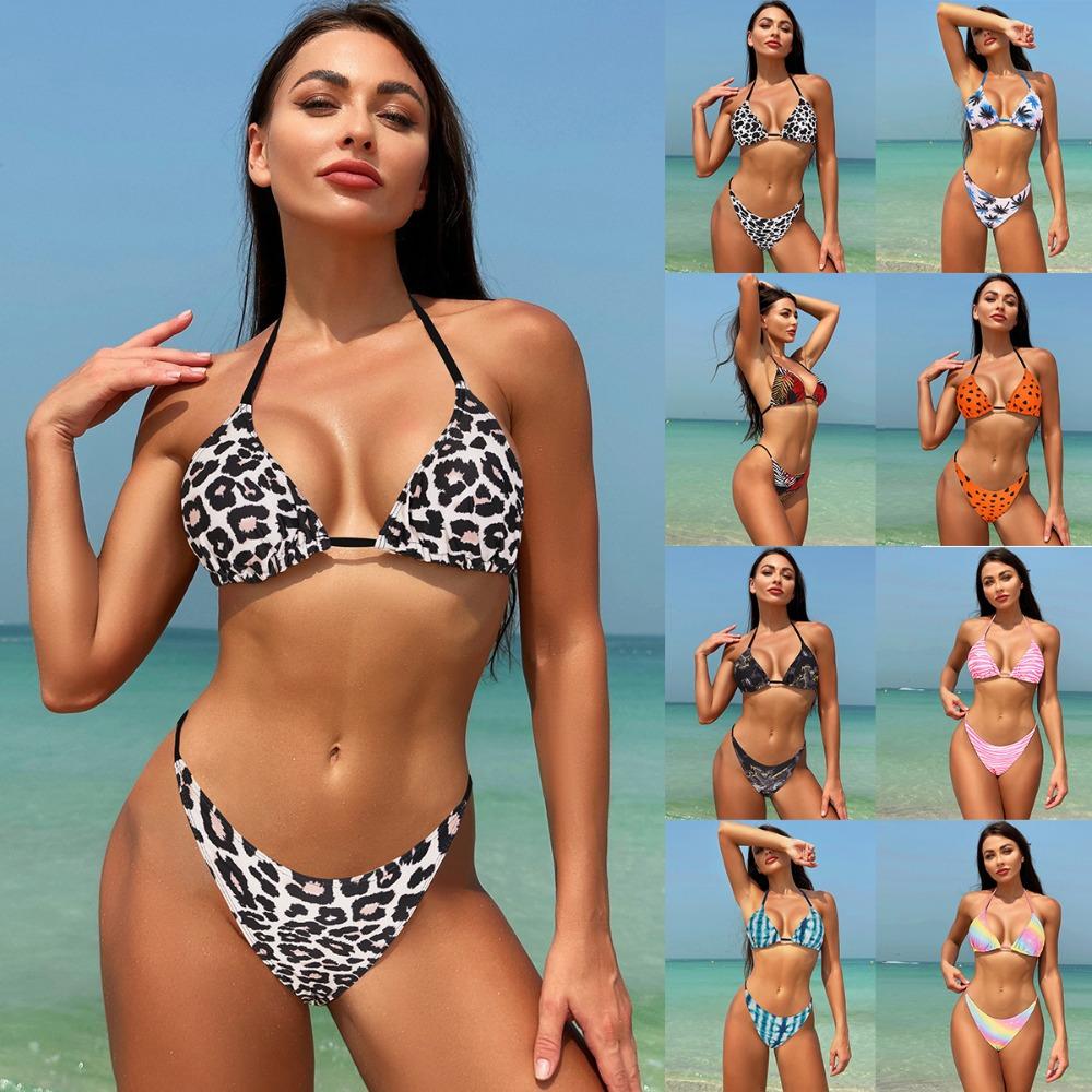 Swimsuit Women's European and American Leopard Print Floral Sexy Three-point Halter Bikini Swimsuit