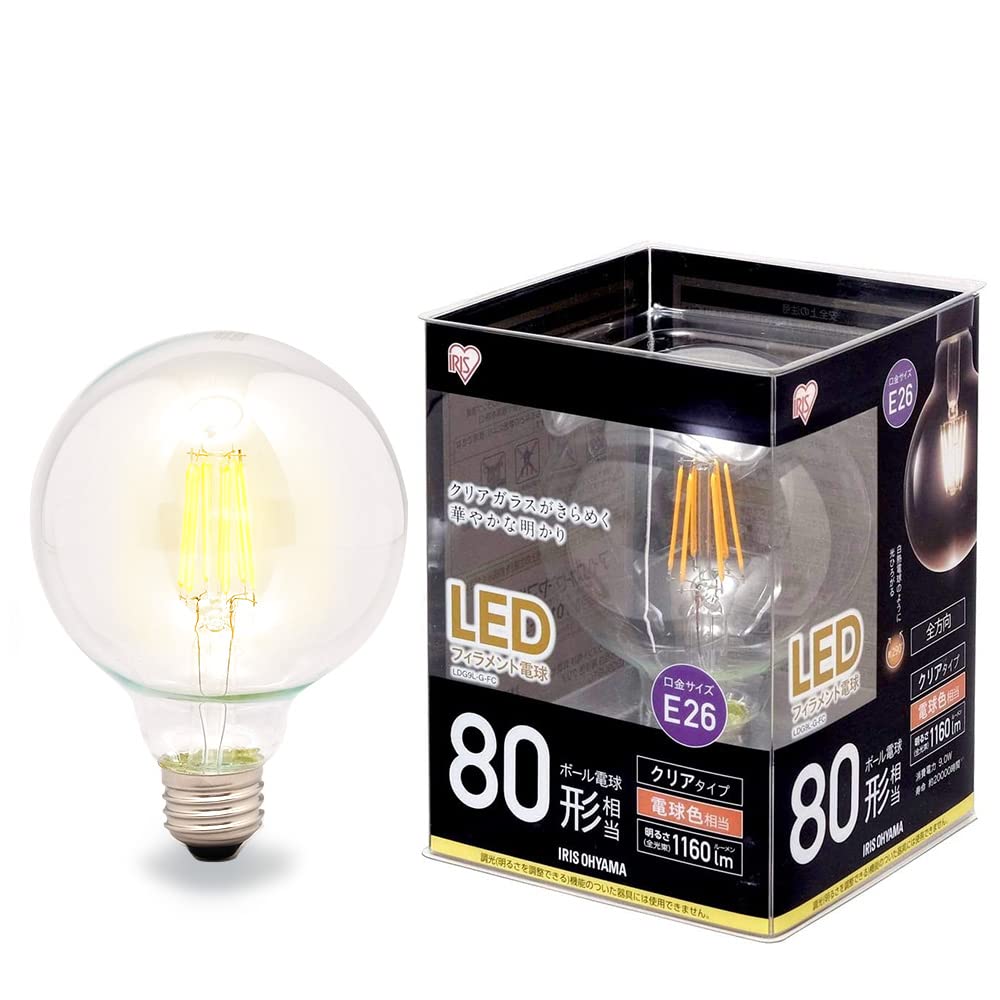 

IRIS OHYAMA LED Bulb, 26mm Filament Base Diameter, 80W Equivalent, Ball Bulb Type, Compatible with Sealed Fixtures, Warm White, Clear (LDG9L-G-FC)