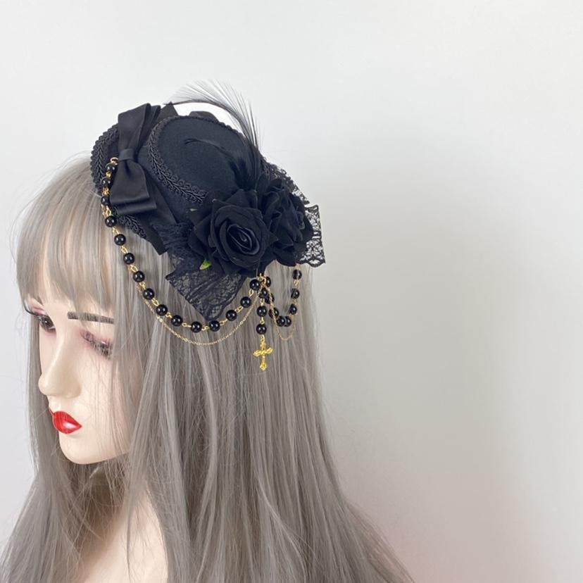 

Goth Dark Burgundy Rose Retro Hair Accessories Lace Hair Clip Headgear Flat Hat Fedora Hat Multi-colored Lolita Top Hat