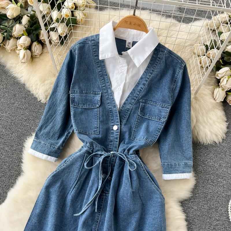 Yaz Mizaç Yaka Ekleme Denim Vintage Elbiseler
