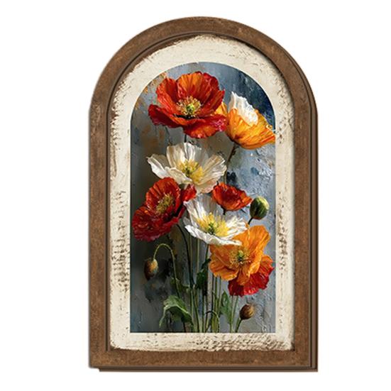 Vintage Framed Wall Floral Wall Wood Framed Art Curved Wooden Art Arched Wall H