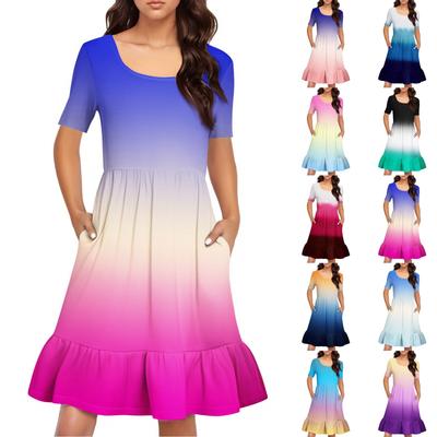 Women's Casual Round Neck Short Sleeved Dress Loose Waist Pleated Dress Waist Pleated Dress