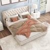 Upholstered Bed 180*200cm with Slatted Frame and Headboard, Button Tufting, Stud Upholstery, Wooden Legs, Linen, Beige