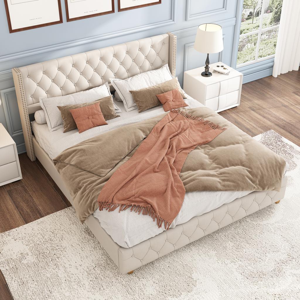 Upholstered Bed 180*200cm with Slatted Frame and Headboard, Button Tufting, Stud Upholstery, Wooden Legs, Linen, Beige