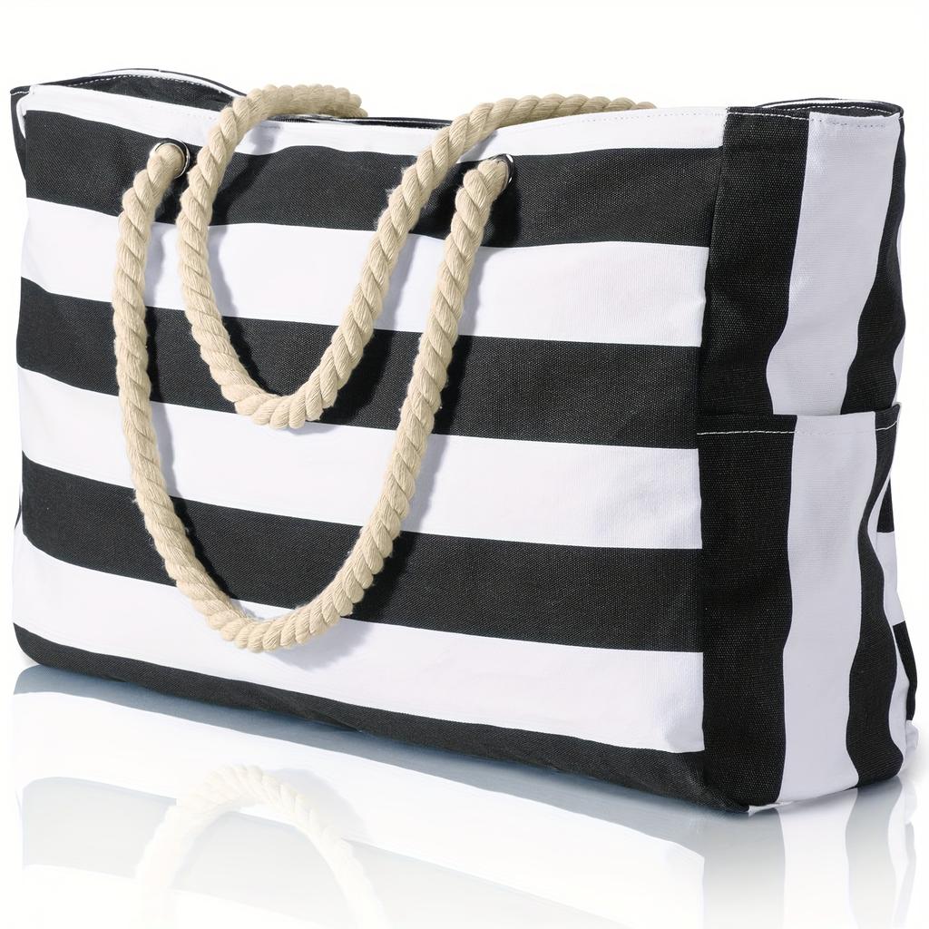 Fashionable Striped Canvas Beach Backpack, Beach Bag, Large Capacity Portable Storage Bag, Shoulder Bag.