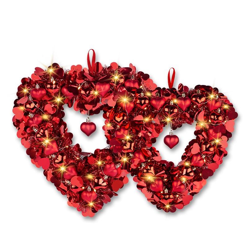 Valentines Day Wreaths for Front Door,14-Inch Valentine's Day Wreath with Lights,Heart Design with Heart-Shaped Ornaments