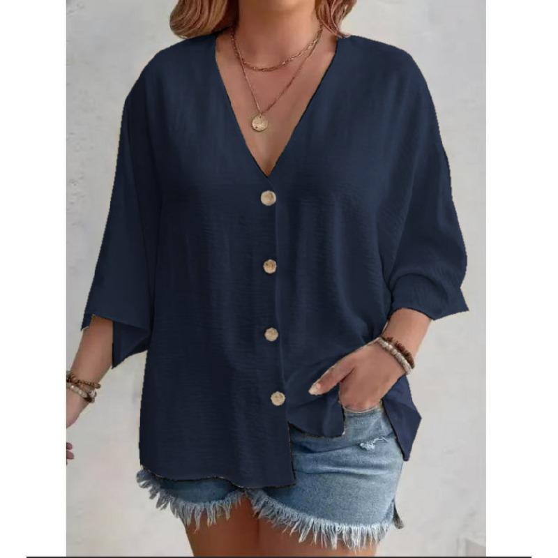 V Neck Large Size Casual Loose Women Shirt Solid Color Spring and Summer T-shirt Casual Buttons Top Fashion Elegant Simple Blouse Sweet Office Clothes
