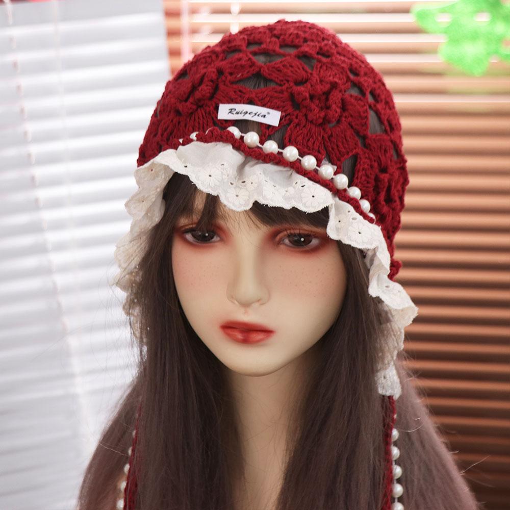 Pearl Tassels Lace Beanies Hollow Out Knit Cap Cute Crochet Flower Knitted Hat  Apparel Accessories