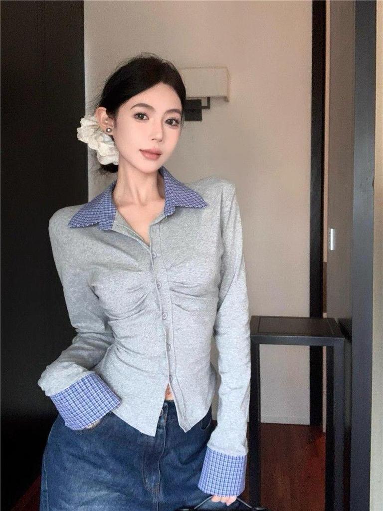 Chic Pleated Patchwork Long Sleeve T-Shirt - Slim Fit Autumn Fashion for Women