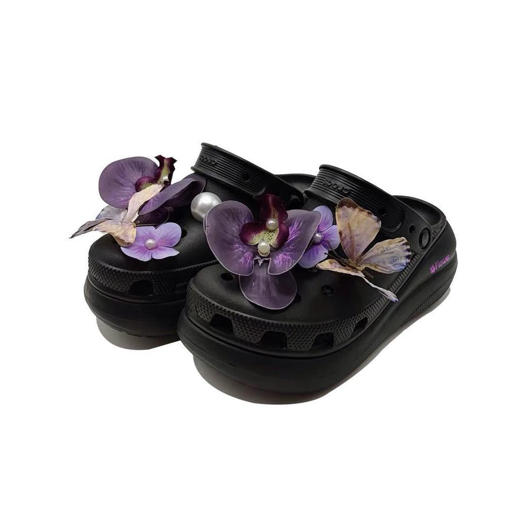 Crocs Crush Clog Puffs Lankong Guyou EVA Bionic Flower Atmosphere Fashion Personality Hole Shoes Unisex Black