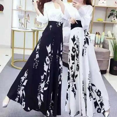 Women's Summer Long Pants Skirt Contrast Color Baggy Flower Print High Waist Slimming Plus Size Trousers Skirt Daily Clothes