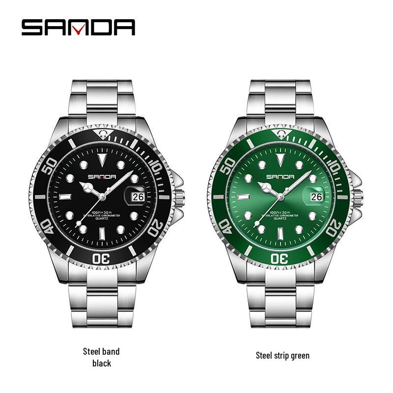 Sanda Steel Band Men's Quartz Watch with Simple Calendar, Waterproof, Green Dial