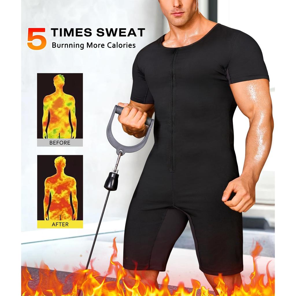 Sauna-Anzug für Herren 3 in 1 Ganzkörper-Formformer Taillentrainer Schweißshirt Kurzarm Trainings-Top mit Shorts Schlankmachender Jumpsuit Fitness-Leotard für das Fitnessstudio
