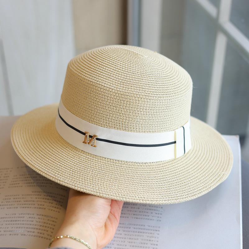 M Standard Flat Top French Retro Straw Top Hat Spring and Summer Fashion Seaside Vacation Leisure Sun Hat Women