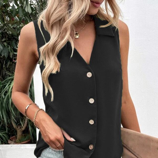 Dámské 3XL Vesta Košile Módní Knoflíkové Klopové Tričko Dámské Knoflíkové Elegantní V-výstřih Bez rukávů Tílko Košile
