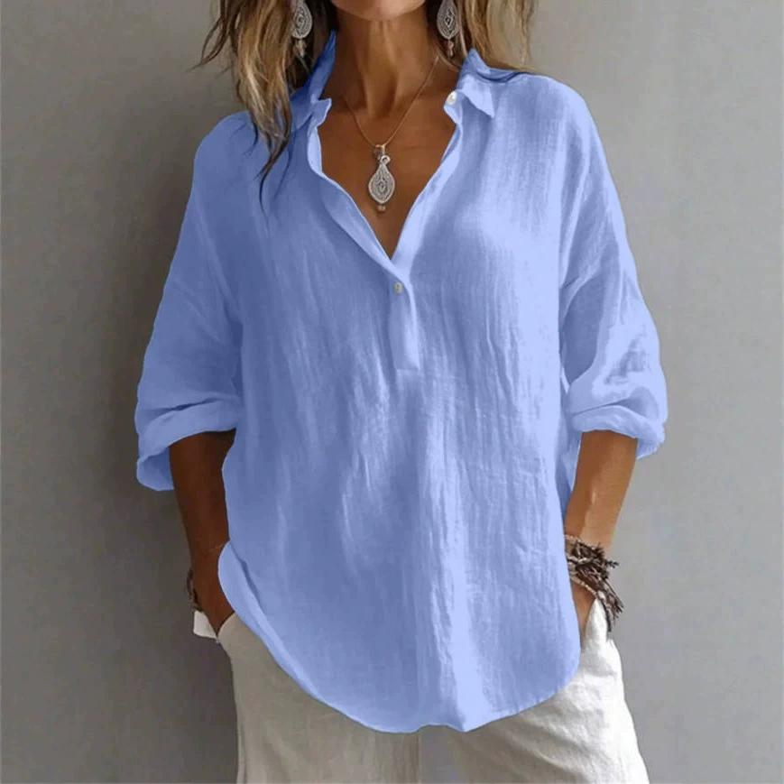 Spring Summer Women's White Shirt Casual Linen Blend Solid Color Loose Long-Sleeved V-Neck Lapel Blouses for Female