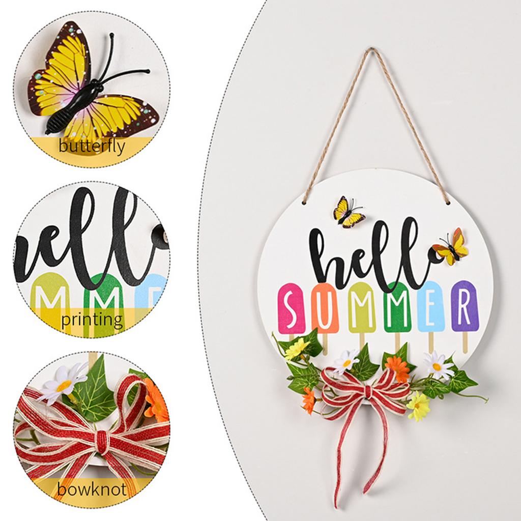 Hello Summer Wooden Door Sign with Bow Wreath 30cm Rustic Home Decor