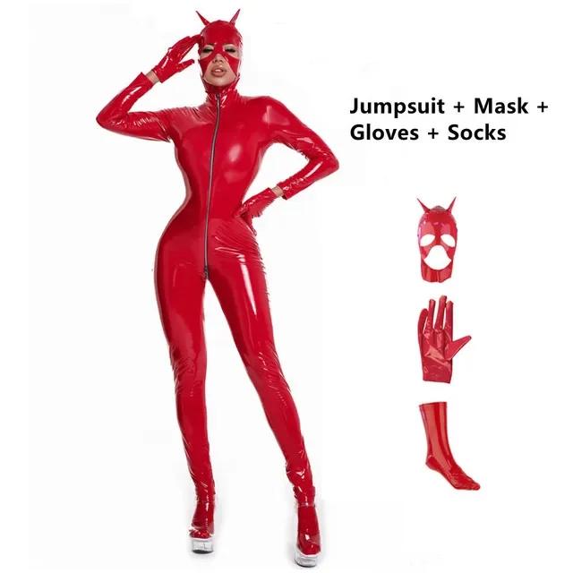 Long Sleeve Zip Open Crotch Bodysuit Women Shiny PU Faux Sexy Look Suit Leather Jumpsuits Latex Catsuit Wet Clubwear