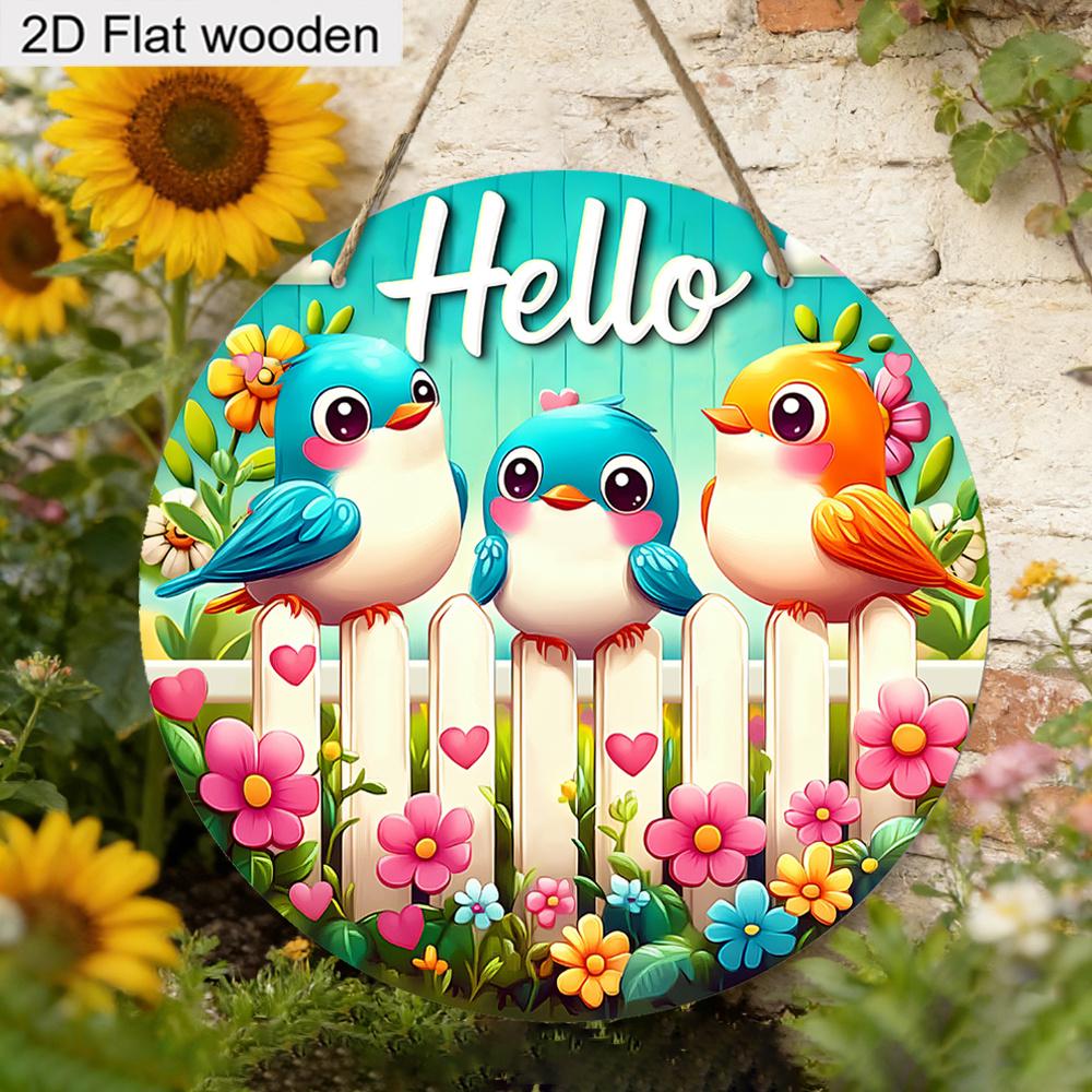 Plat 2D, 1 pièce Panneau en Bois Oiseau Vif Hello Hello Printemps Panneau de Bienvenue Décoration de Jardin Décoration Murale et de Porte de Maison Décoration de Fête de Fête Printemps