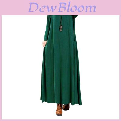 Elegant Plus Size Women Cotton Long Sleeve Vintage Kaftan Casual Maxi Dress