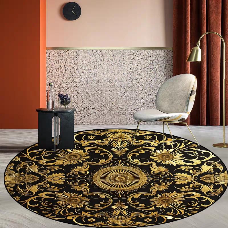 Modern Style Living Room Round Carpet Large Area Soft Non-slip Lounge Table Chair Mat Golden Luxury Rugs for Bedroom Bedside