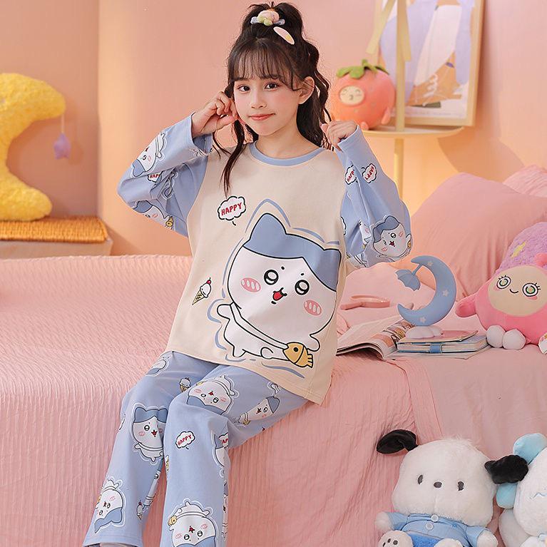 Korean-Style Girls' Pajamas: Long Sleeve, Round Neck, Princess Cartoon Design for Spring & Autumn - Medium/Large Sizes