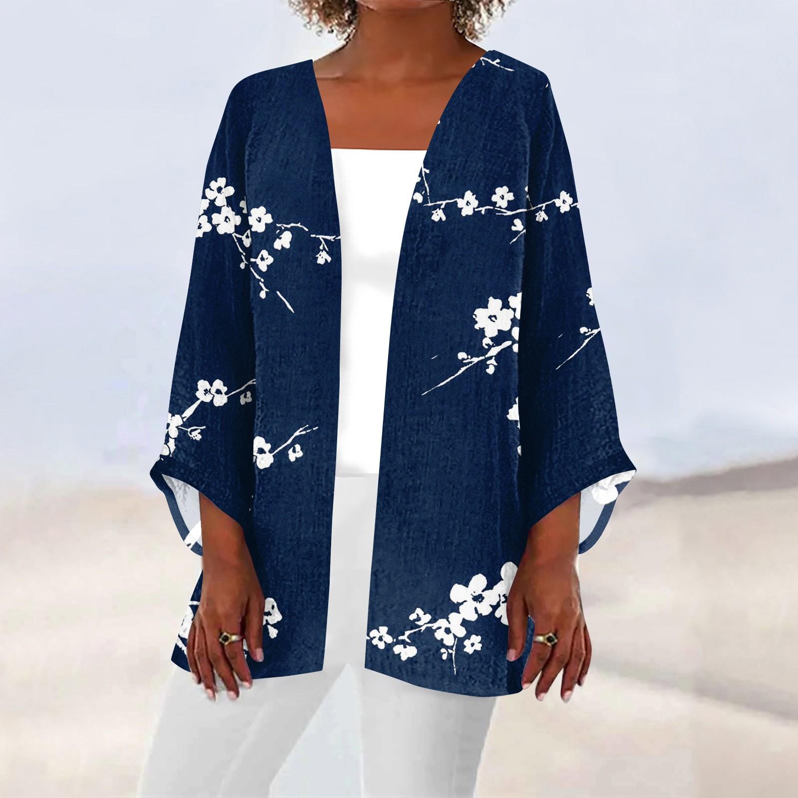 

Женская повседневная модная легкая куртка средней длины с принтом в стиле ретро, ​​кардиган XXXL тёмно-синий