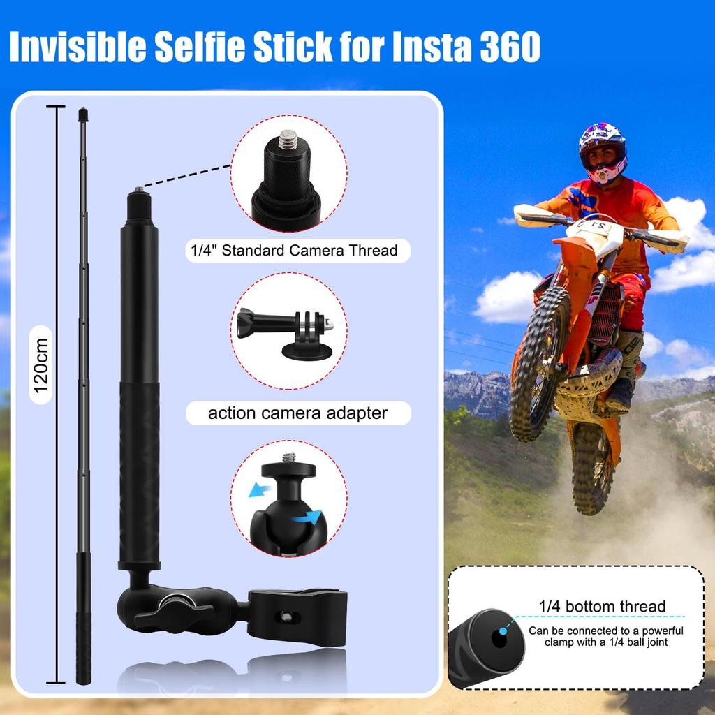 HAFOKO Motorcycle Clamp Mount Kit for Bike Handlebars and Invisible Selfie Stick for Compatible with GoPro 360 X GO and Osmo Also Compatible with