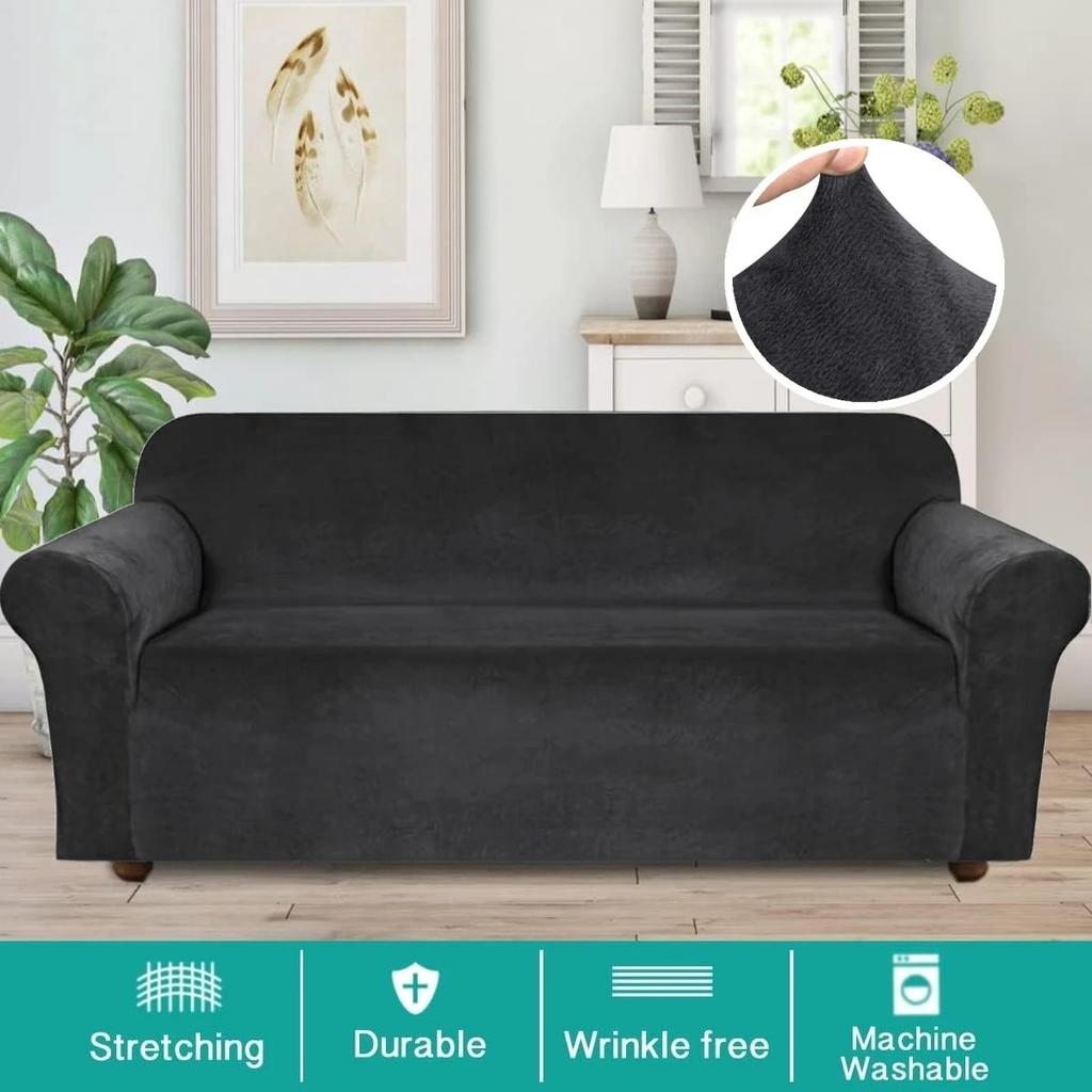 Stretch Velvet Couch Cover for Cushion Couch Covers Sofa Slipcovers with Non Skid Foam Elastic Bottom Furniture Protector