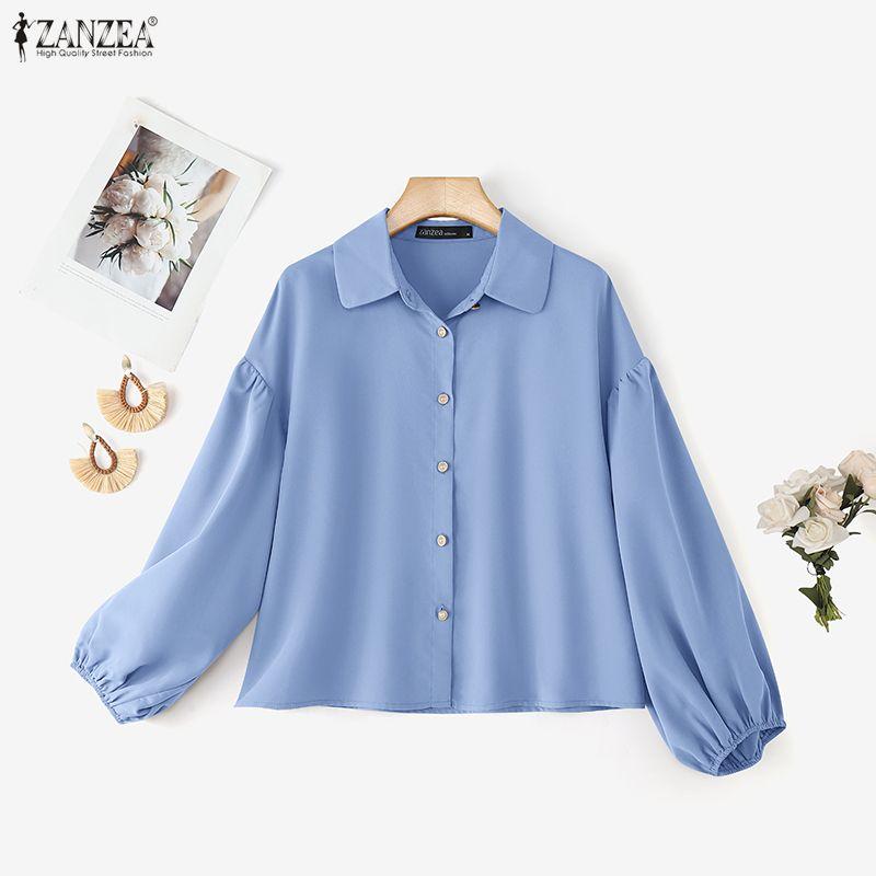 ZANZEA Women Loose Classic Collar Solid Color Long Sleeve Blouse