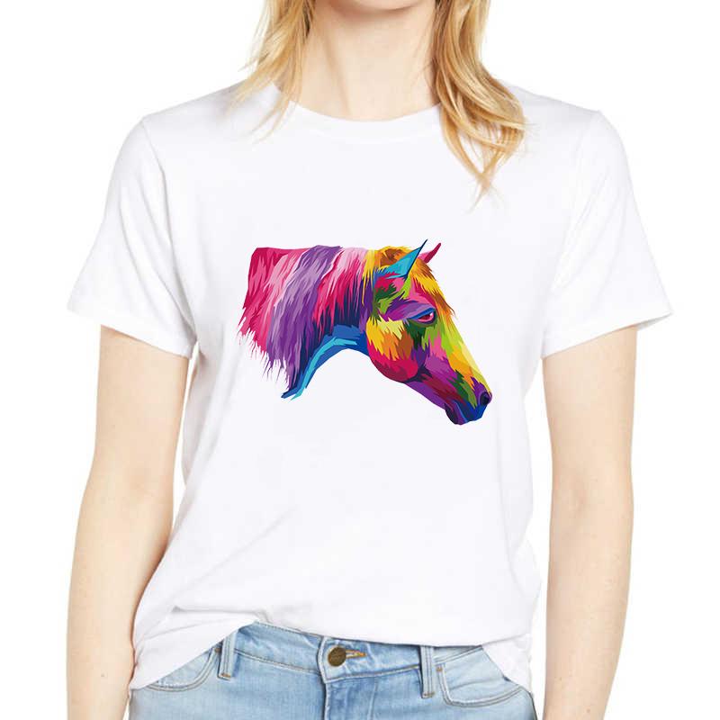 Colorful Horse Print Women T-Shirt Funny Short Sleeve Cute Print Casual Womens Tee Tshirt 90S Clothes Graphic Ladies T-Shirt